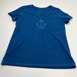Life is Good Go and Sea Anchor Womens Medium Classic Fit Blue Short Sleeve Shirt